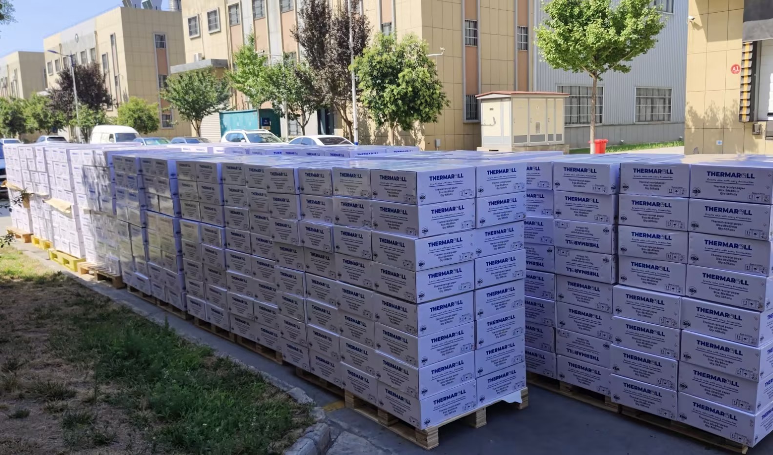 Export cartons of thermal paper rolls secured on pallets outside the factory